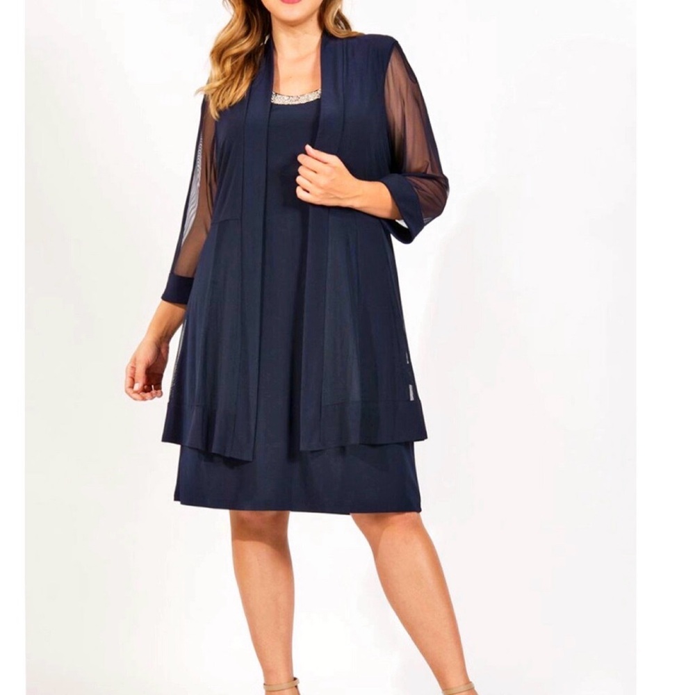 R & M Richards Navy Blue Sheer Sleeve Dress